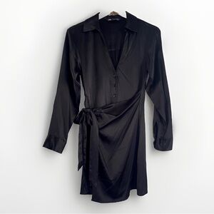XS ZARA Black Satin Wrap Dress Faux Collar Button Front Size XS